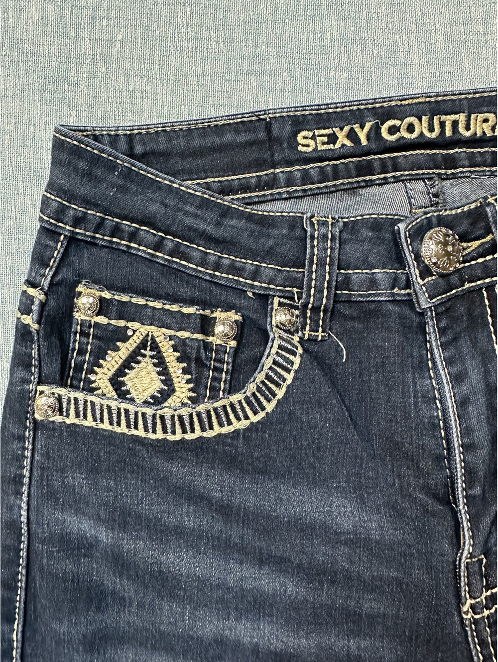 Sexy Couture Fit Bootcut Jeans Women Sz 5/25 Dark Wash Embellished Pockets Y2K